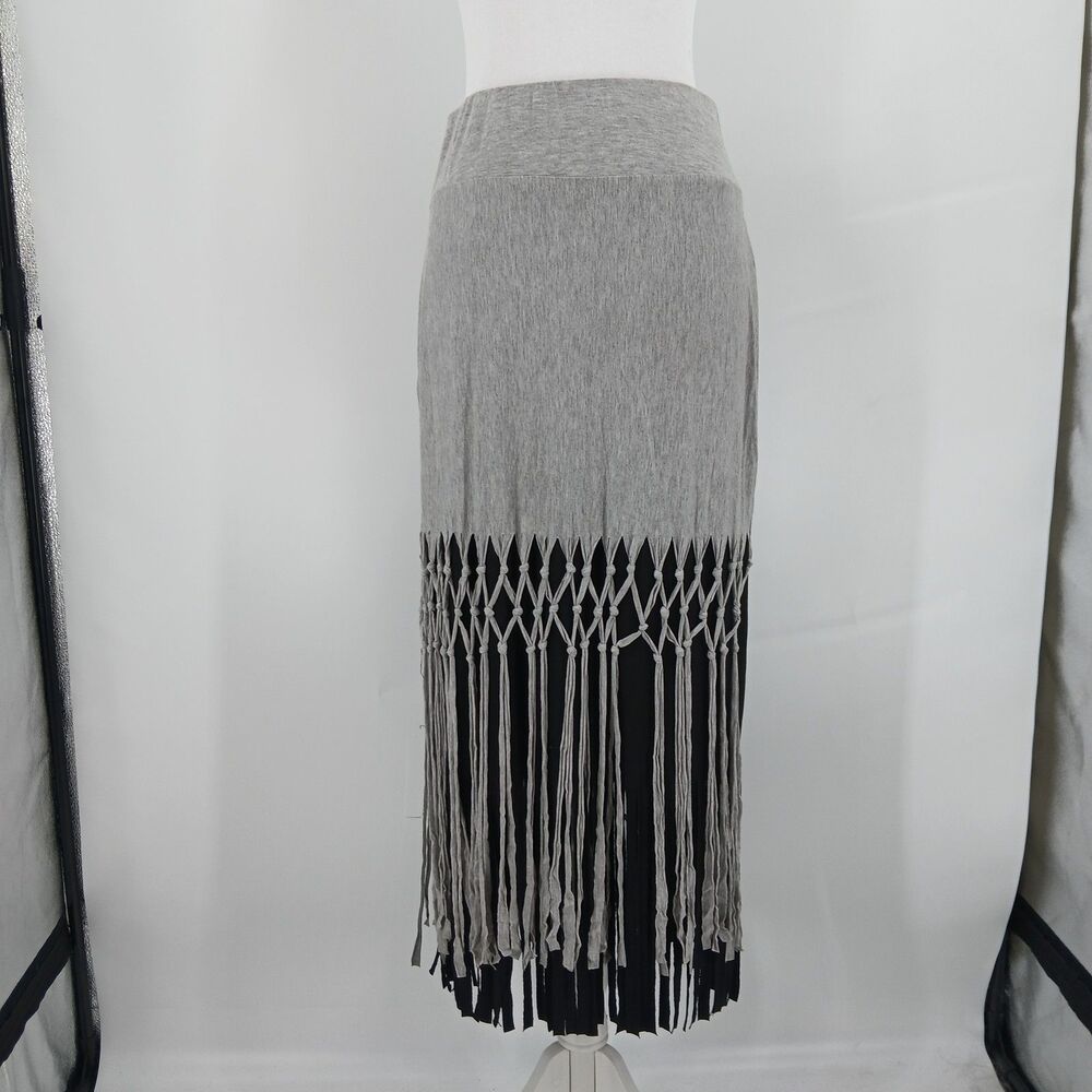 womans IC by Connie K Black Ribbed Knit Fringe Accent Maxi Skirt size small